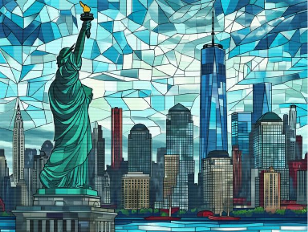 New York City Skyline with Statue of Liberty Stained Glass Online now - Image 5