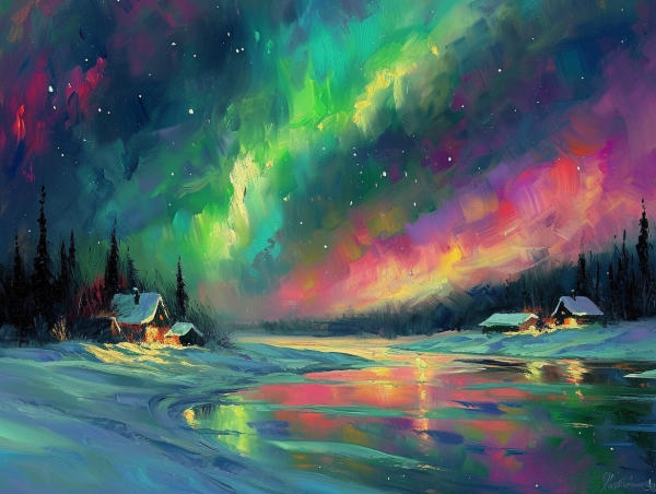 Aurora Borealis Over a Snow-Covered Village Hot on Sale - Image 2