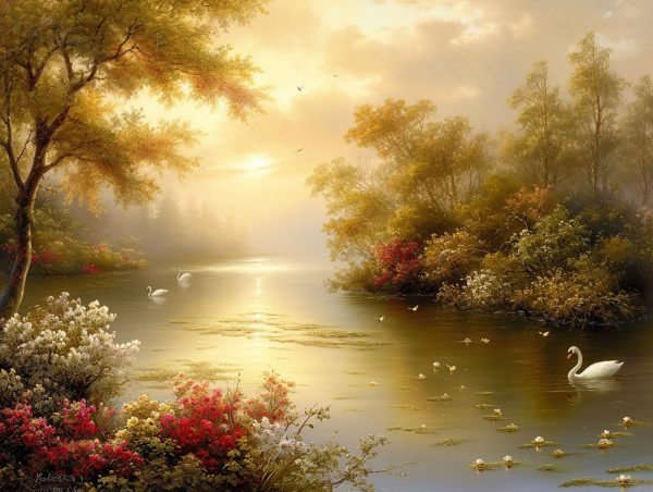 Serene Lake Scene At Dawn For Sale - Image 2