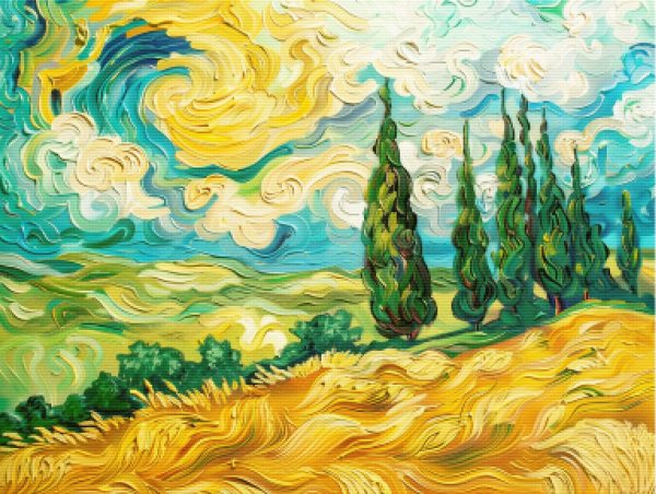 Vibrant Wheat Field with Cypresses For Sale - Image 5