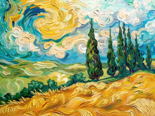 Vibrant Wheat Field with Cypresses For Sale - Image 2