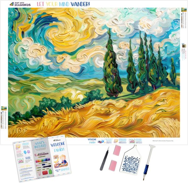 Vibrant Wheat Field with Cypresses For Sale
